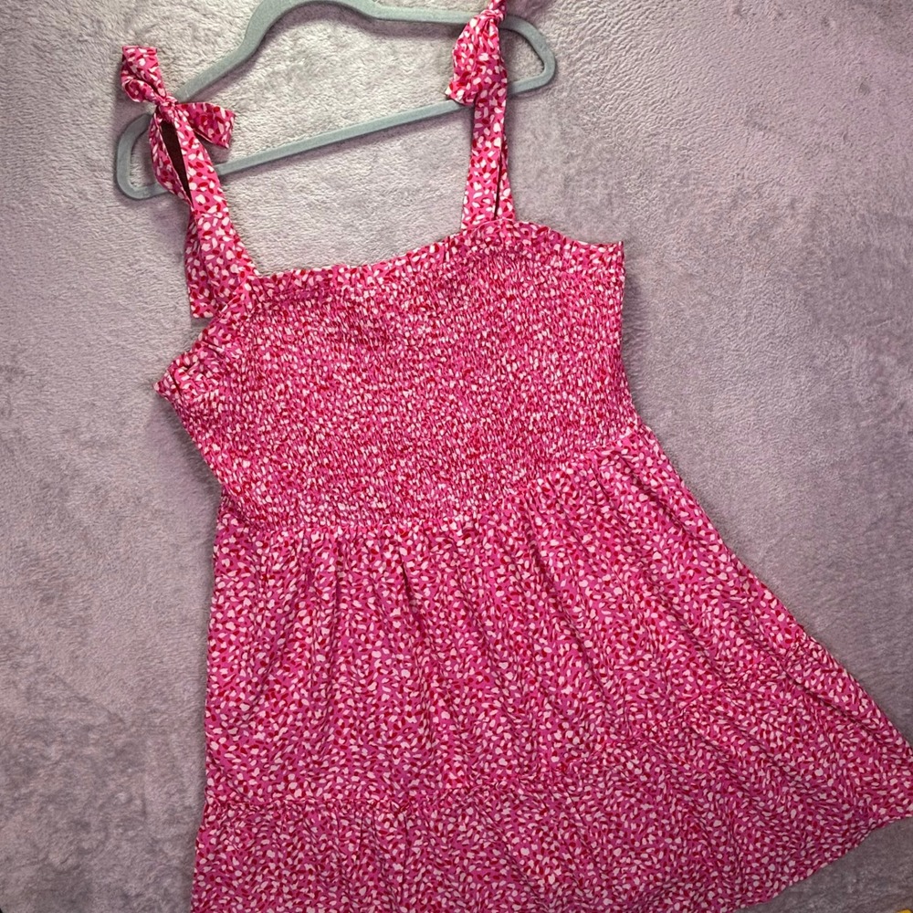 Jodifl Women Dress 2X Pink Red Abstract Smocked Tie Shoulder Tiered Mini H5579